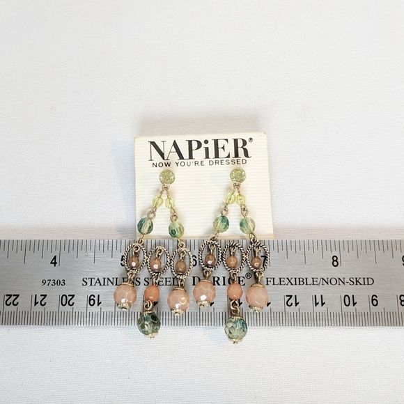 Napier Gold Peach Green Chandelier Earrings - Picture 2 of 7